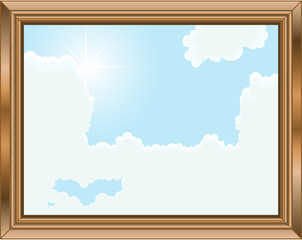Blue cloudy sky in wooden frame