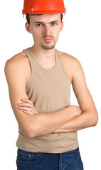 young worker in a red building helmet