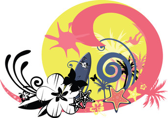 summer fresh background with wave, butterfly, flowers and surfer