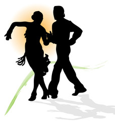 Silhouette of couple dancing latin with orange sun.
