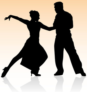 Vector silhouette of couple dancing tango on warm color.