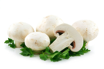 Champignon Mushrooms and Parsley Isolated