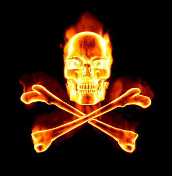 fiery skull and cross bones