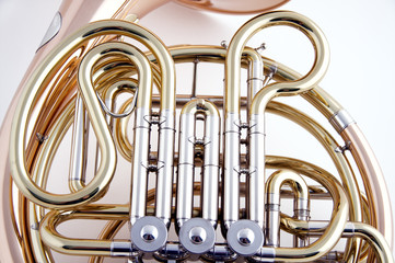 Gold French Horn Close-up On White
