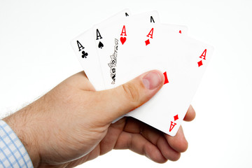 Mens hand with playing cards