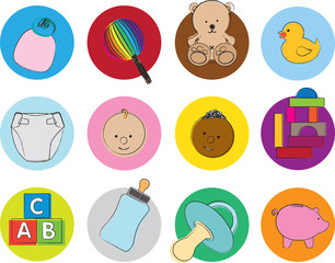 set of icon illustrations of baby items and toys