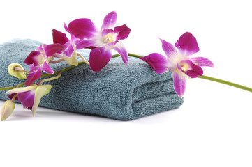 Obraz na płótnie Canvas Beautiful pink orchid with blue towel