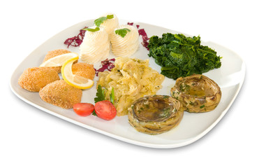 Platter of Assorted vegetables Potato spinach artichoke
