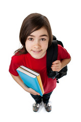 Young girl holding books, looking up isolated on white