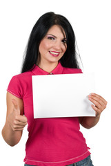 Beauty woman giving thumb-up and holding a blank sign