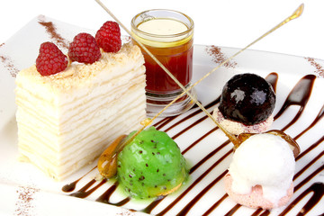 cake of napoleon is an ice-cream, caramel, decoration  raspberry