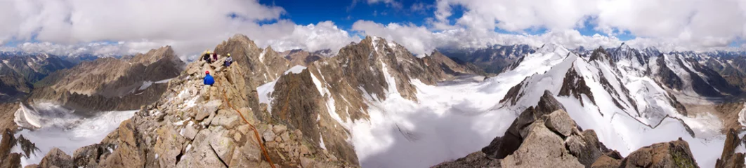 Zelfklevend Fotobehang Panorama of Caucasian mountains with climbers at the top - 3 © Alexander Semenov