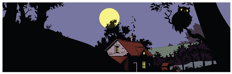 Vector night landscape with the house, a tree and an owl