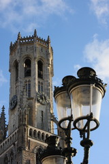 Fototapeta na wymiar Bruges, Belgium, the Belfry and streetlanterns
