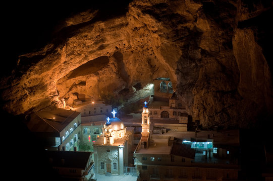 Night shot of Convent of Saint Takla in Maloula, Syria