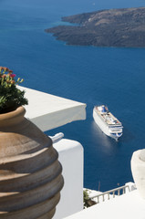 incredilbe santorini greek island view with cruise ship