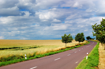Empty countryside road at summer day before thunderstorm