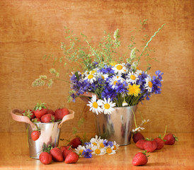 Strawberries and wild flowers