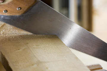carpenter cuts a plank with a saw