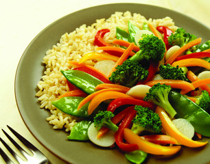 plate of food, vegetables and rice