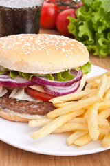 cheeseburger, french fries and cola