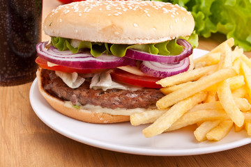 cheeseburger, french fries and cola