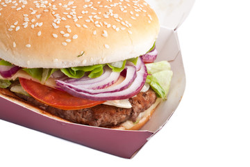 cheeseburger in a take away box on white background