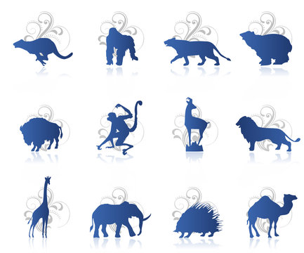 Set of animals with ornament background and reflection