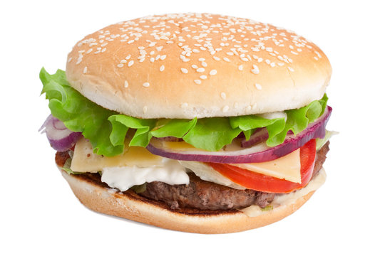 single cheeseburger on white background