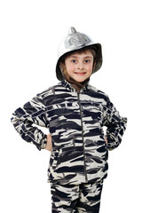 Little boy in a old fire helmet