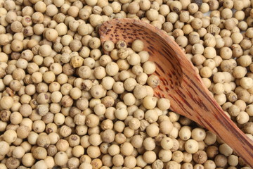 White peppercorns and a wooden spoon