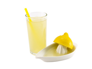 Fresh natural lemon juice on a white background