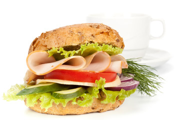 Ham sandwich and cup of coffee
