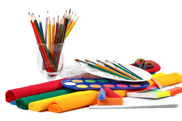 Fototapeta premium Water colour paints, pencils and brushes