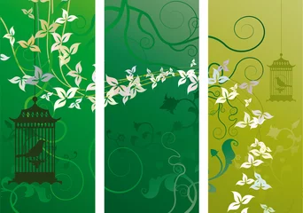 Papier Peint photo Oiseaux en cages fond rétro dans des tons verts, art vectoriel