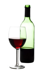 A glass of red wine and a bottle