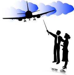 two people and airplane illustration