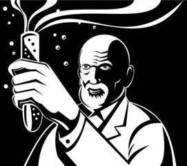 Mad scientist holding up a test tube