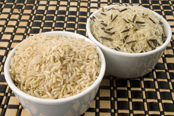 Wild, Wholegrain and Basmati rice in bowls