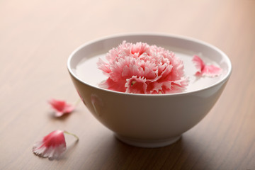 Fototapeta na wymiar flower floating in white bowl. spa background