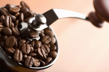 roasted coffee beans in coffee grinder
