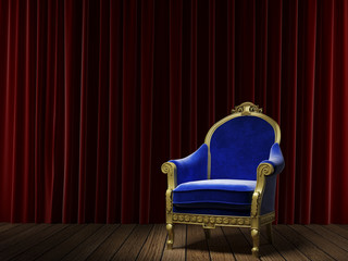 blue classic armchair on red curtain