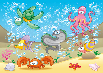 Family of marine animals in the sea - obrazy, fototapety, plakaty