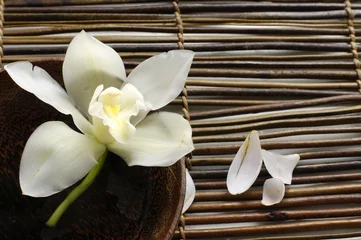Rolgordijnen kom orchidee, bloemblaadje op bamboe mat © Mee Ting