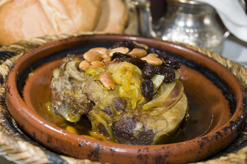 authentic moroccan lamb tagine with rasins almonds onions as pho