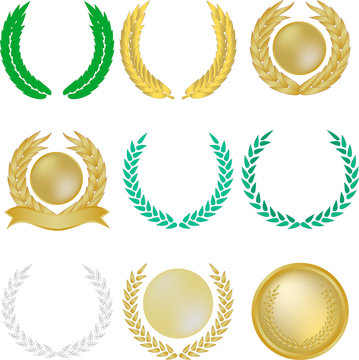 Set of nine laurel wreaths and banners