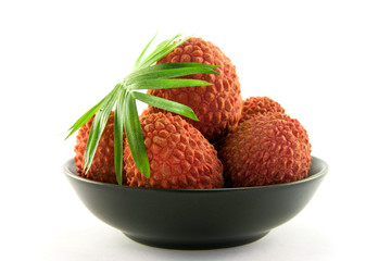 Lychee in a Black Dish with Leaf