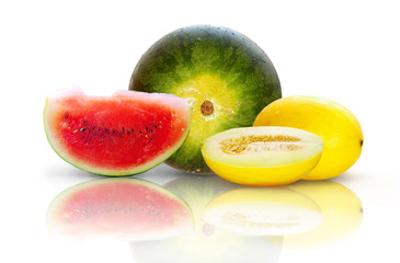 Beautiful isolated watermelon and yellow melon on white