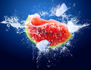 Water drops around watermelon and ice
