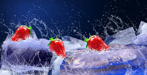 Water drops around red strawberry on the ice
